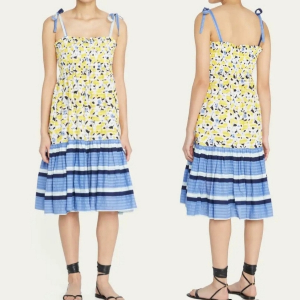 NWT Tanya Taylor Leandra Yellow Blue Floral Stripe Midi-Dress Size Large Coastal